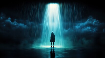 a shadowy figure standing under a torrential downpour, illuminated by a single ray of light, symbolizing determination