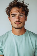 Fototapeta premium Young Man in Mint Tshirt on White Background, potential usecase for profile pictures or e-commerce product demonstrations