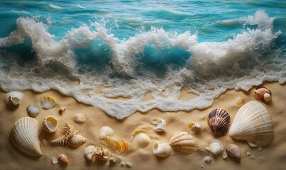 Ocean wave breaking on sandy beach with seashells.