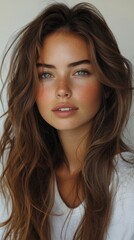 Naklejka premium Portrait of a young woman with a gentle smile, perfect for beauty, fashion, and lifestyle editorials