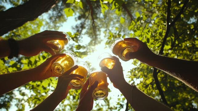 87.Group of friends clinking beer cups outdoors, surrounded by greenery; low-angle shot captures their hands raised in unity, with the forest canopy and sunlight framing a joyful, outdoor gathering.
