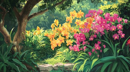 107.Lush garden scene with dendrobium orchids blooming from low tree branches, petals delicately layered and vibrant; the arrangement of flowers highlights careful gardening and adds a touch of