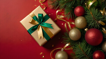 Festive New Year's decorations and pinecones beautifully arranged on a vibrant green background, evoking a natural holiday charm.