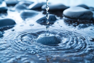 Water droplets cascading over smooth stones in a tranquil setting.