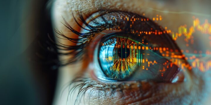 A close-up of a human eye with digital financial charts reflecting on the iris, symbolizing technology, data, and innovation