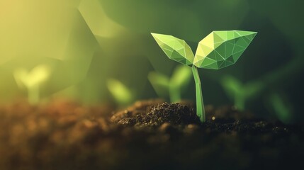 65.Digital illustration of a sprout in low-poly style, with tiny polygonal triangles forming the leaves and soil; the eco-friendly theme is enhanced by subtle green and brown tones, symbolizing