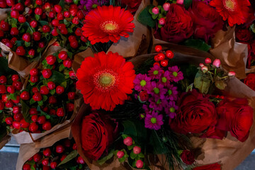 bouquets of red gerbera flowers in the store