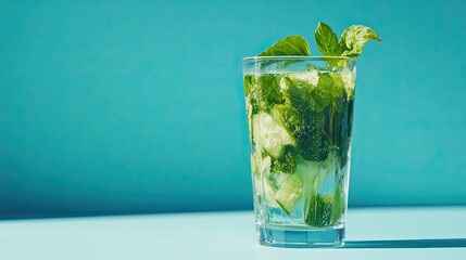 Jugo de zanahoria adornado con hojas verdes en un vaso transparente sobre fondo azul