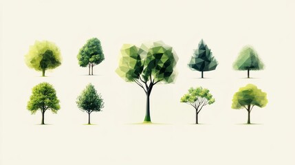29.Collection of minimalist, low-poly trees with distinct polygonal designs, each tree rendered in a 3D vector style with unique geometric structures and soft green gradients.