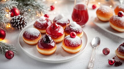 Obraz premium A platter of jam-filled holiday doughnuts with a mix of traditional and modern fillings, served with festive decorations in a bright, elegant setting
