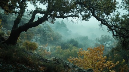 Fototapeta premium 113.Dramatic low-angle perspective of a Spanish forest in autumn, with vivid foliage fading into the fog; branches stretch above, framing the mist-filled landscape with a calm, enchanting ambiance.