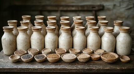 Collection of jars and bowls filled with various spices.