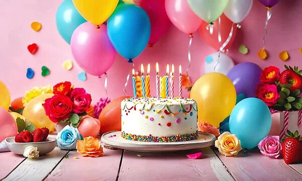 Colourful and bright birthday background with party cake candles, balloons and festive atmosphere 