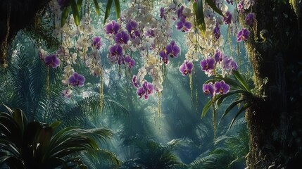 Plakat 106.Elegant purple and white dendrobium orchid flowers hanging from tree limbs, surrounded by dense foliage; the natural, garden environment showcases the beauty of these orchids in a well-kept,