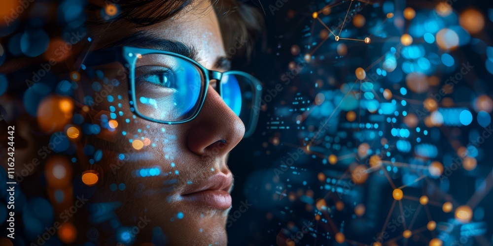 Aufkleber a young professional wearing glasses analyzing interconnected glowing data points and digital patter