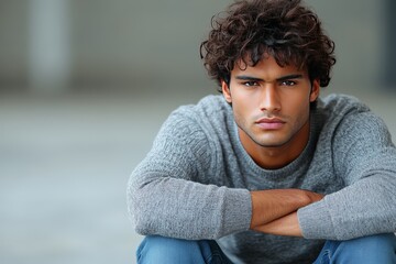 Fototapeta premium A young man with curly hair sits thoughtfully, conveying a sense of introspection.
