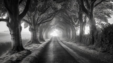 120.Quiet rural road in Dorset lined with mature trees, viewed from a low angle that accentuates the height and depth of the foliage; soft light filtering through leaves highlights the peaceful