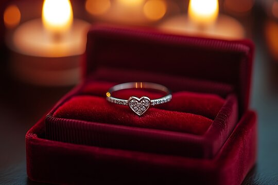 A heart-shaped diamond ring in a red velvet box under candlelight