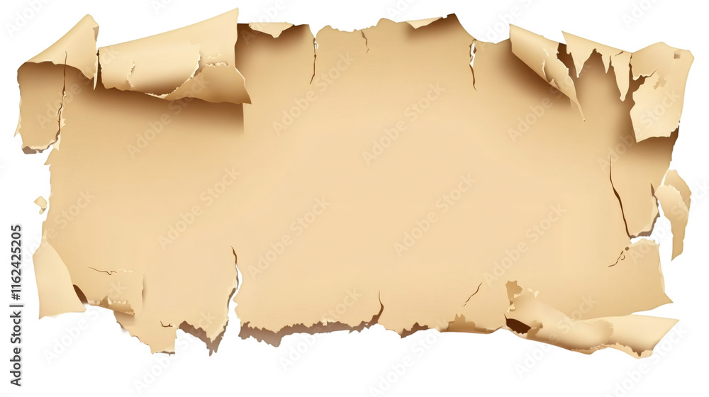 Poster horizontal old torn paper scroll with transparent background, creating a vintage or antique effect