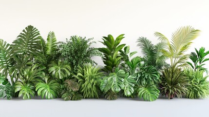 3.Tropical shrub row with dense foliage, arranged on a plain white background; each shrub has a unique leaf structure and depth, providing a natural, realistic look in a detailed 3D render.