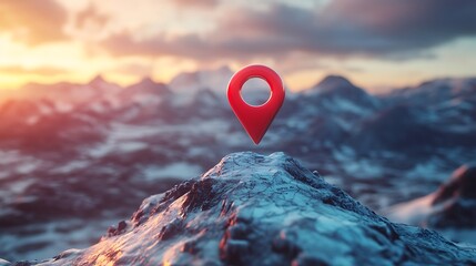 Travel Adventure Concept, 3D render Location Pin Icon Above Map on Sunny Mountain Peak