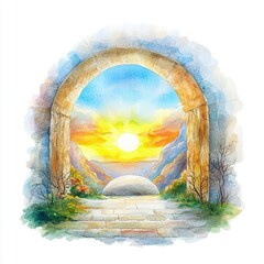 Easter Christian Clipart. A watercolor archway reveals a sunrise over serene mountains and flowers.