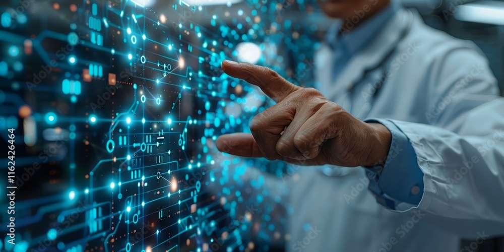 Aufkleber a professional pointing at a glowing futuristic digital interface, highlighting advanced data connec