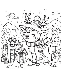 Coloring book cute deer with gift christmas in nature snow 