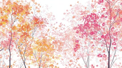 60.Repeating vector pattern of low-profile trees interspersed with colorful flowers, arranged in a seamless background with clean lines and delicate shades, suitable for decorative materials.