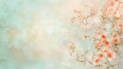 Pastel Peach Blossoms on a Textured Green Background
