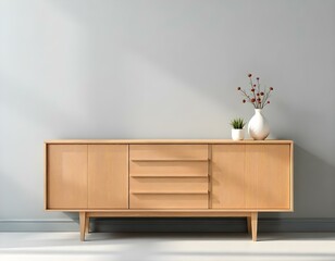 A wooden sideboard with a minimalist design, placed against a plain gray wall. On top of the cabinet are a few decorative items,