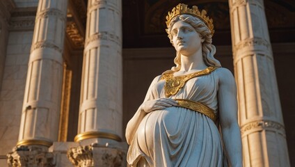 White marble statue of a pregnant woman, goddess of fertility