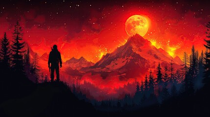 Fototapeta premium a mountain of fire, nature landscape, silhouette of a standing man, trees, orange color mix, flat design style