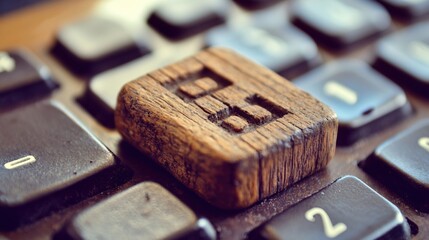 Vintage Wooden Key on Classic Typewriter Keyboard Close-Up Photograph