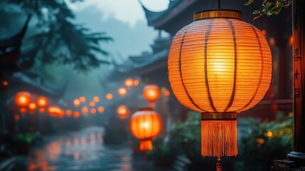 A serene street scene illuminated by glowing lanterns in a misty, traditional setting.