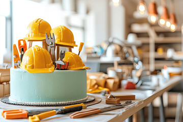 Labor Day cake with tools and hard hats for celebration
