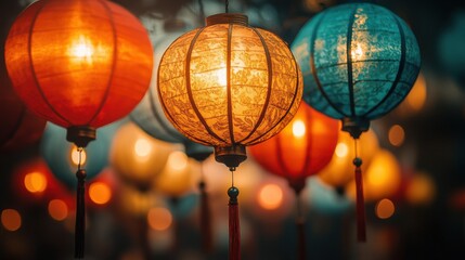 Fototapeta premium Colorful lanterns illuminate a festive atmosphere, creating a warm and inviting ambiance.