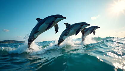 Fototapeta premium Three dolphins jumping out of the ocean waves under bright sunlight