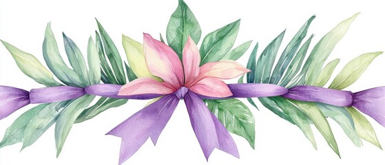 Easter religious clipart. Delicate watercolor floral border with leaves and ribbons in soft pastel colors.