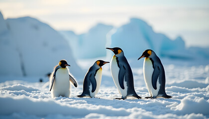 Fototapeta premium Group of emperor penguins standing on snow in icy environment