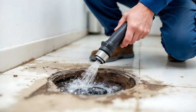 Plumber unclogging blocked shower drain with hydro jetting at home bathroom. sewer cleaning service