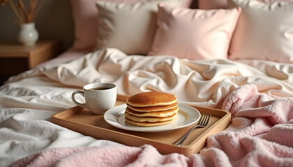 Breakfast in bed with stack of pancakes and coffee on a cozy tray against soft pastel bedding