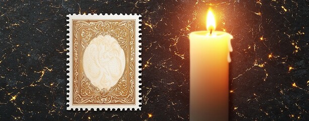 Vintage-inspired postage Patterns with Glowing Light Effects, a realistic photo of a vintage-style stamp illuminated by glowing candlelight and adorned with elegant golden patterns