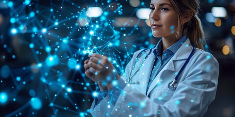 Female doctor in a lab coat analyzing glowing blue digital connections, symbolizing medical innovation and futuristic