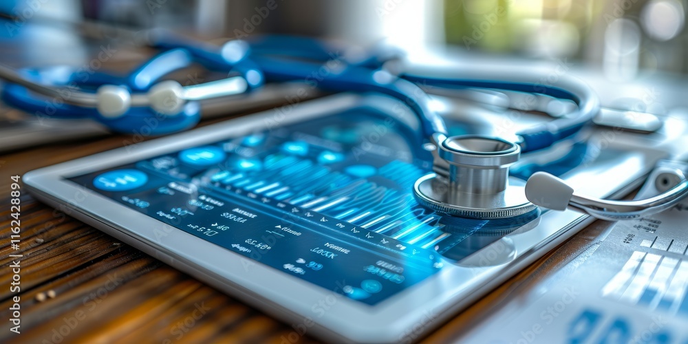 Poster stethoscope resting on a digital tablet displaying medical data and graphs, representing modern heal