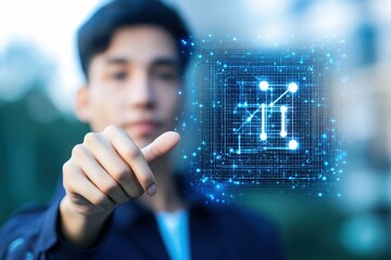 Young man using digital interface for data analysis and technology interaction