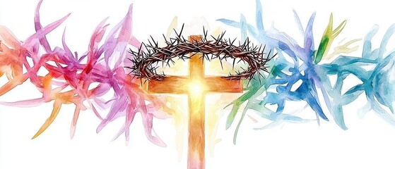Obraz premium Easter religious clipart. A colorful crown of thorns surrounds a glowing cross, symbolizing faith and resurrection.