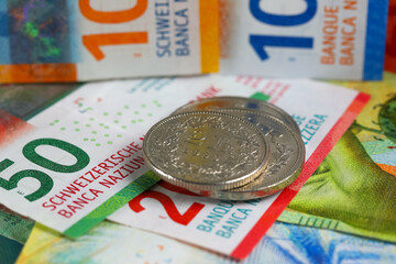 Coins are shown lying on banknotes, currency CHF