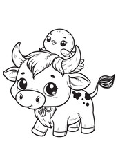 Coloring book cute cow play with bird