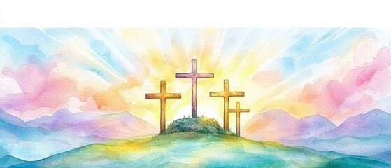 Easter religious clipart. Three crosses on a hill with a colorful sunrise backdrop in a watercolor style.